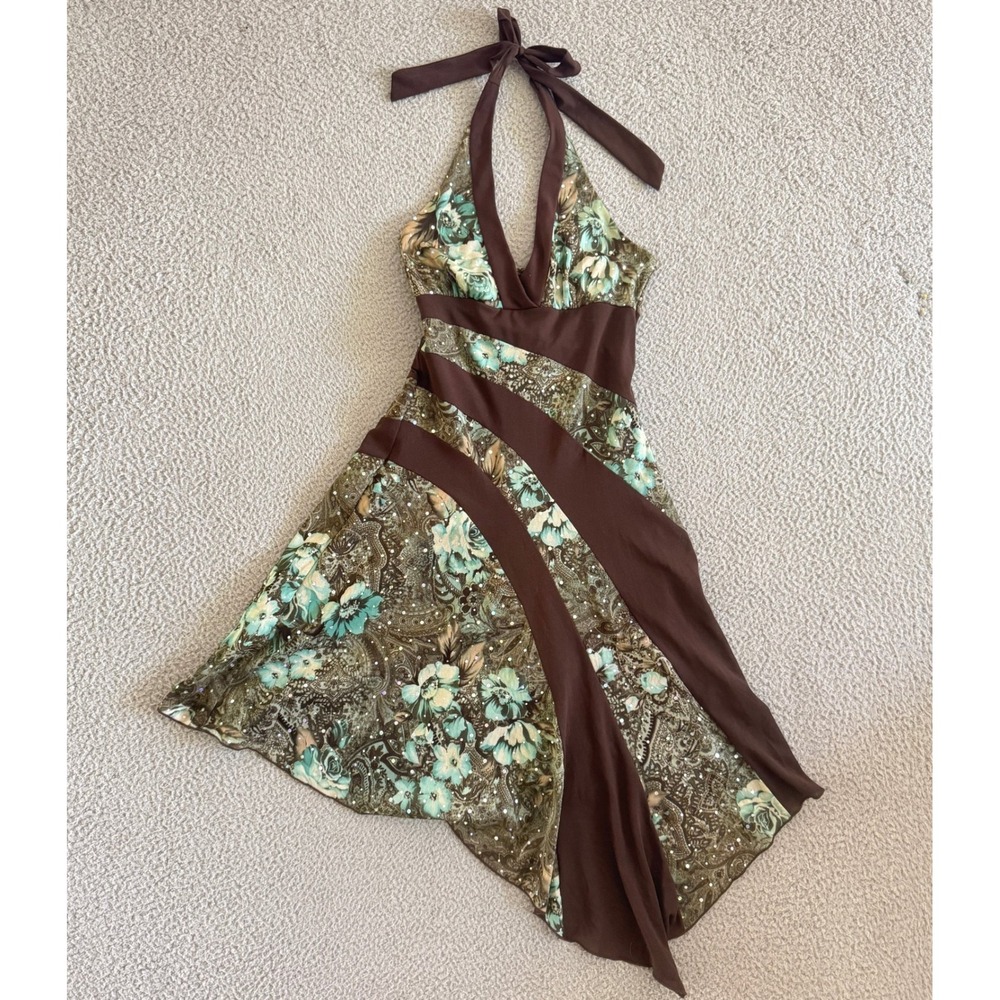 A Byer Halter Handkerchief Dress Small Floral Paisley Sequins Y2K Fairy Grunge